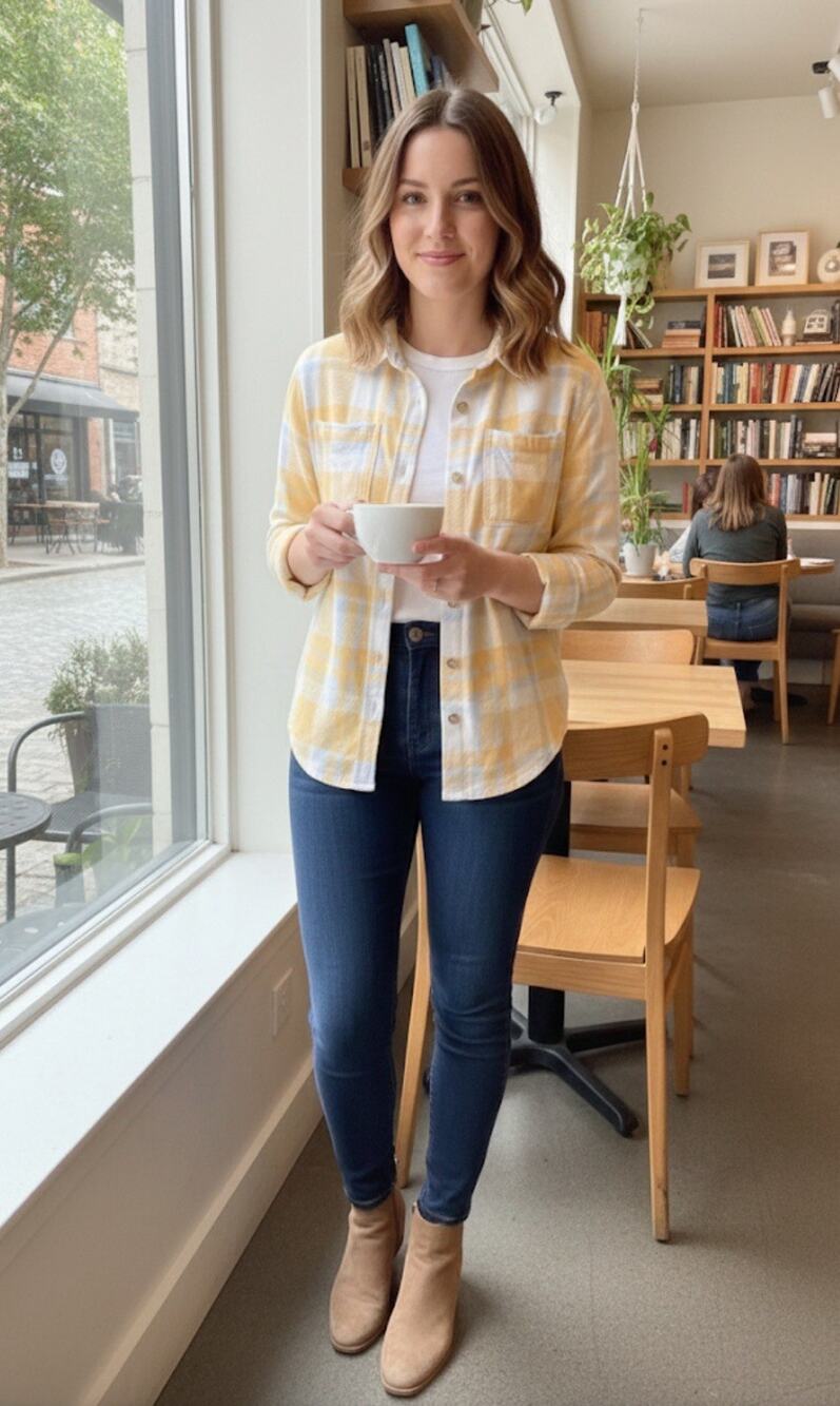 C&C California Women Button Up Shirt Yellow Plaid Long Sleeve Strech Size S